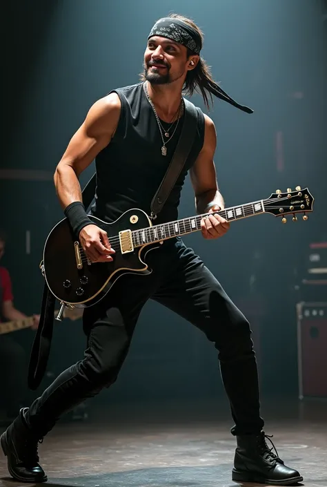 photo artist dangdut ,  man who is performing with full energy,  wearing tight black clothes and a bandana on his head . He holds a guitar in a dynamic style ,  as if he is in action on stage .  His facial expression shows spirit and confidence ,  and ther...