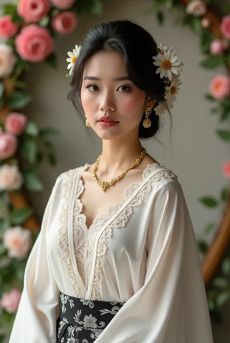 Create a photorealistic masterpiece of a beautiful woman with hair in a bun or bun, decorated with jasmine flowers, wearing a white kebaya, thin and lacy fabric model, with a traditional Indonesian black and white batik combination skirt, gold necklace, go...