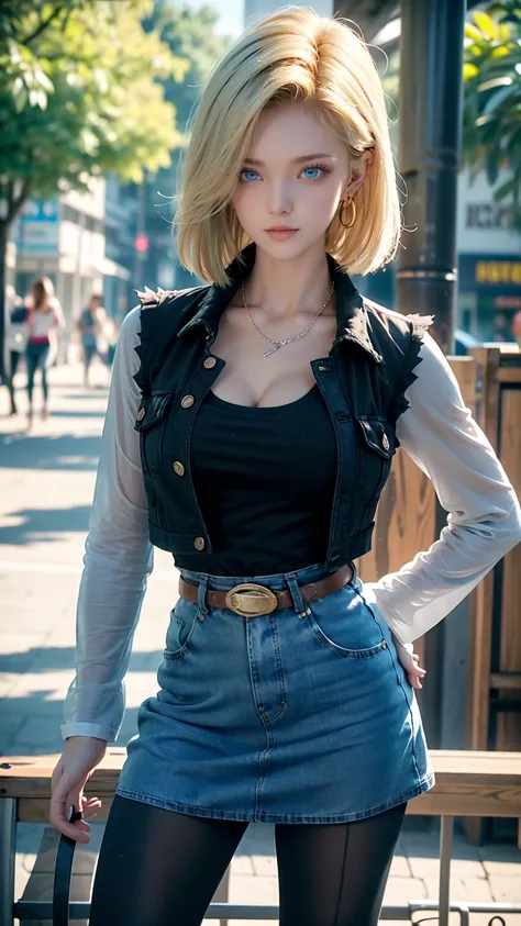 Android 18, Light Blonde hair, Medium hair shaggy cut for women, Blue Transparent eyes of Slavic Caucasians, She has sexy double eyelids above and below her eyes, The flash in the eyeballs is brilliant, She is not wearing any jewelry such as a necklace aro...