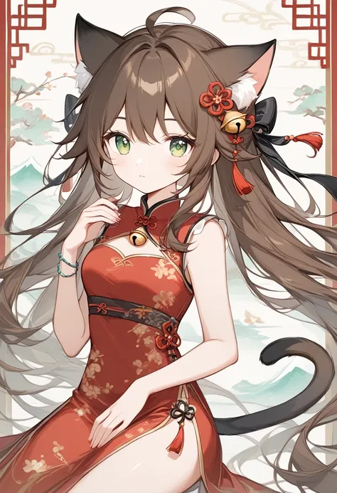   thin and soft painting style, very long brown hair with cat ears and cat tail, red Chinese traditional dress, red Chinese accessories, cat bell, greenish eyes, genshin, looking at viewer, Chinese background, Liyue