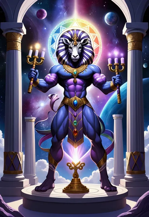 A muscular, Zebra-like creature with a blue and violet striped torso, three crests, and violet eyes, four arms wielding a menorah, a glowing prism staff, a katana that tears through the fabric of space and time and an open palm showing up a tree of life wi...