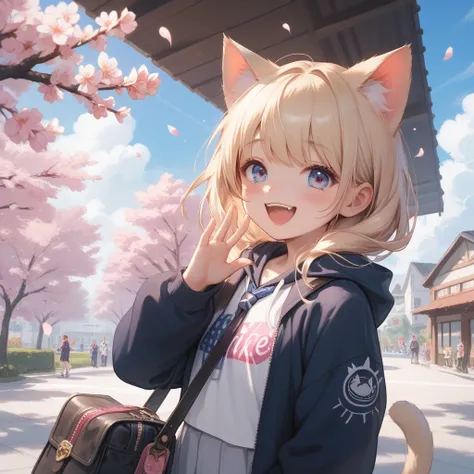 A cheerful girl wearing a hoodie with cat ears stands in front of a school gate, holding a bag and looking excited as if for her first day of school. The gate features a decorative arch with a sign indicating Entrance Ceremony. The background shows a sprin...