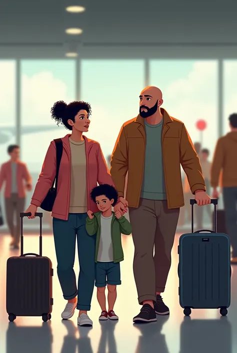  Two sons of 30 years old accompany mom and dad to the airport ,Mom is 155 meters tall dad 180 meters , mom looks a little plump with black curly hair,  dad with a black mustache with a bald head  