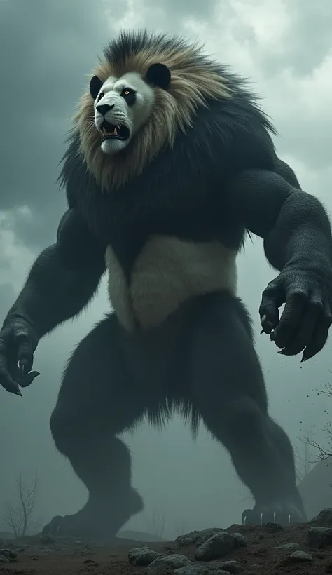 Create a photorealistic 9 :16 of a giant and furious hybrid creature combining the elements of a lion and a panda.