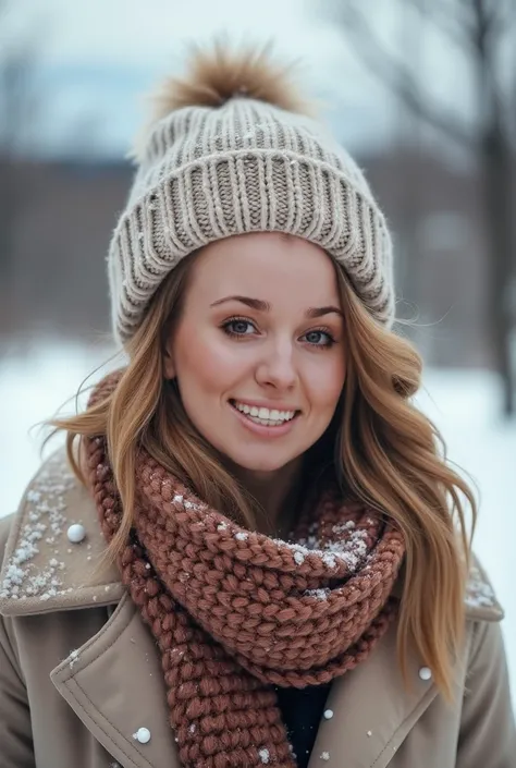 a woman wearing a hat and scarf standing in the snow, medium shot, she is smiling, f 1.8 professional photography 