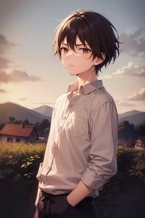 a male human with anime stylized heads and simple background, 1boy, brown eyes, dark hair, short hair , sky, clouds, outdoor, nature, slender eyes, serious, half opened eyes, dark background, dark atmosphere, peasant in a simple linen shirt and rough woole...