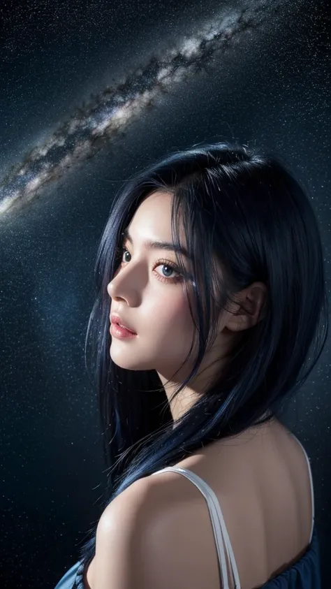 Hyperrealistic photo,girl dark blue hair, with stars background, espejo amarillo , reflejando las estrellas