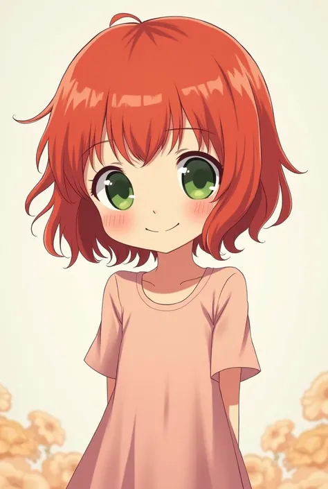 1 girl, ,  Smile , disheveled bangs , hair,  red hair,  pale pink simple dress,  perky green eyes , tall , elongated face, Anime style,  art