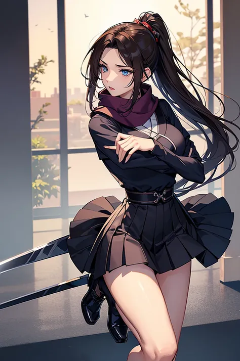 最High image quality, masterpiece, 4K, High image quality,  super high resolution,  of the prairie , CG drawing（ one cool adult seductive woman 、）Hair、Brown Hair、It has a glossy finish.。 Hairstyle、Long Hair、 straight、 high ponytail、（もThe sideburns are、It is...