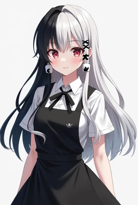  A high school girl with long hair, white hair, black hair, wearing a black apron on top of a short-sleeved white dress、 facing the front、Gori Gori Earrings 