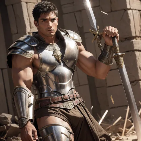 male teens, Spartacus the Gladiator, Armed with Armor and Sword, ancient Roman background, bodybuilder