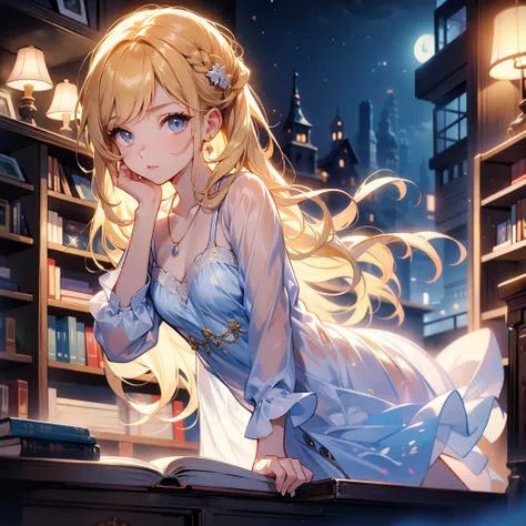 1girl, solo, cute anime style, library, reading book, librarian, one hand on face, wavy hairs cascading down on table, looking at viewer, bookshelf background, night lamp, vibrant atmosphere, black eyes, blonde hairs, hairpin, hairclip, small necklace, (ab...