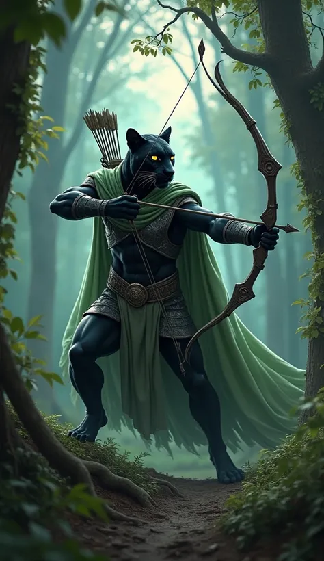 Sure, heres a modified version of your prompt that focuses on a hybrid of warrior and animal:

"Create an ethereal scene where a fierce hybrid of elven archer and panther prowls silently through the underbrush. The figure is a seamless fusion of graceful e...