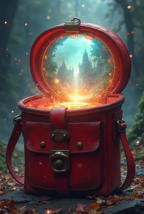 A red bag opened with a portal and different worlds appear in the bag