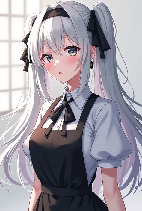  A high school girl with long hair, white hair, black hair, wearing a black apron on top of a short-sleeved white dress、 facing the front、Gori Gori Earrings 