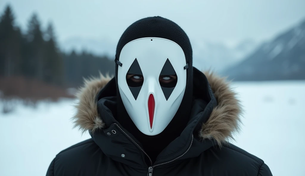 The image is a close-up of a persons face. The person is wearing a white mask with a black headband and a fur-lined jacket. The mask has a white face with black eyes and a red nose. The background is blurred, but it appears to be a snowy landscape with tre...