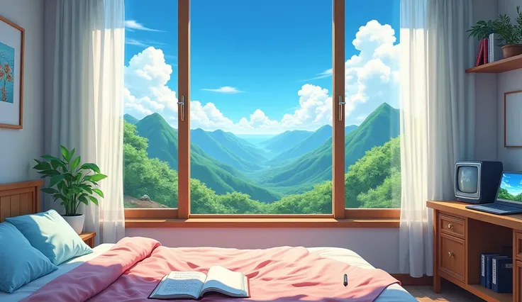 A cozy and artistic bedroom interior with a large window revealing a stunning view of green mountains under a vibrant blue sky with scattered fluffy white clouds. The window frames are made of polished wood, slightly aged, adding warmth to the atmosphere. ...