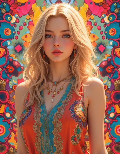 [upper body], [Hippie psychedelic pop art, Illustration, 1970s style], [Ash Blonde woman, looking at the camera], [70s fashion, hippie fashion, Tank tops], [pattern background, Cel animation, official art], [4K, masterpiece, beautiful artwork, digital pain...