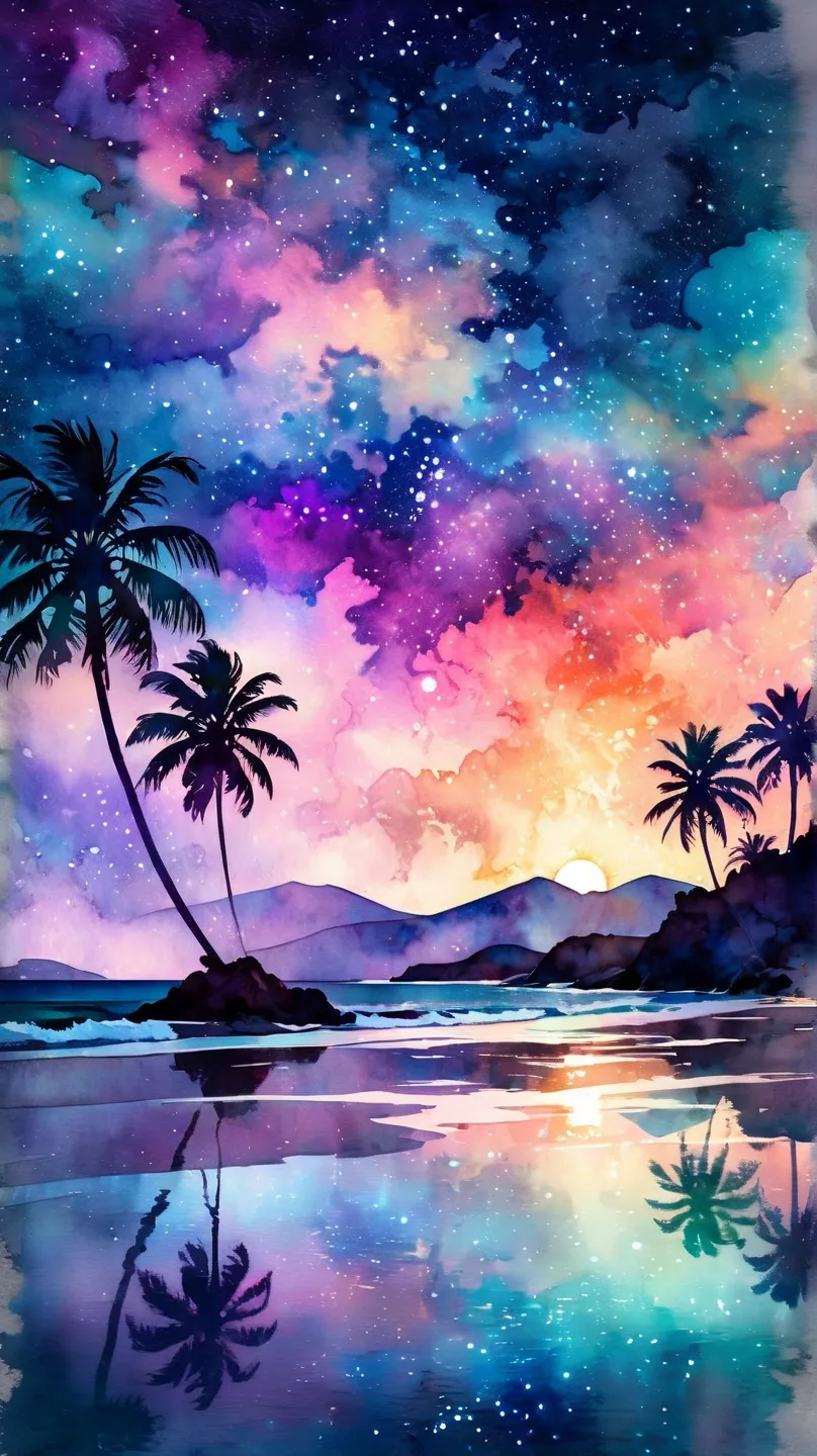 stylized double exposure watercolor,  kane griffith style , connor rosette.  . olorized seascape at night,  starry sky .  slight...