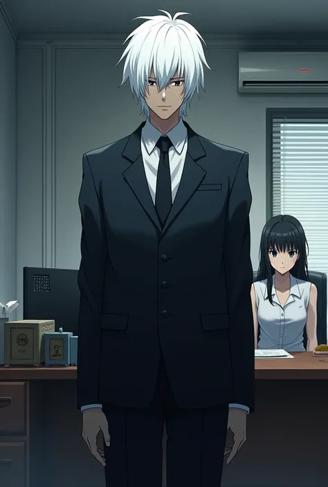 Japanese anime guy ,Tall, hair covering the face,Hair color white , Woman in the Office Looking at Viewers 