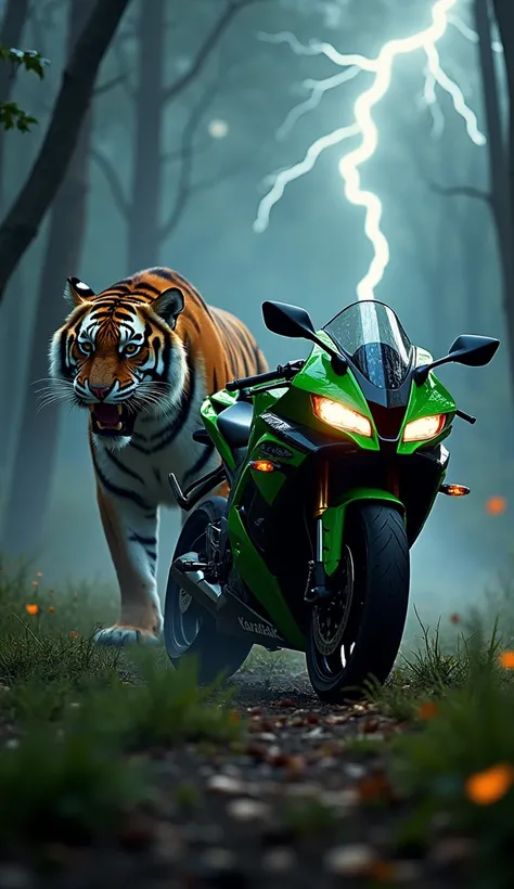 "Create a visually intense scene where a Kawasaki Ninja ZX-10R motorcycle and a tiger are placed together in a dramatic and dynamic setting. The tiger, fierce and majestic, should be prowling or roaring near the motorcycle, which gleams with its sharp, agg...