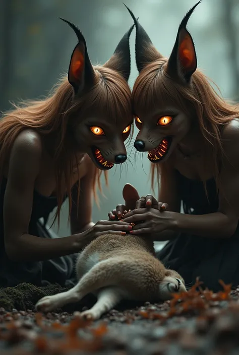 Two angry but very beautiful brunette asian fox girls hold a rabbit and eat it alive 