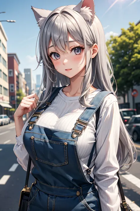  1 girl, solo, Long Hair,Gray Hair、chest, 大きなchest, Big Breasts、Cat ears、Overalls