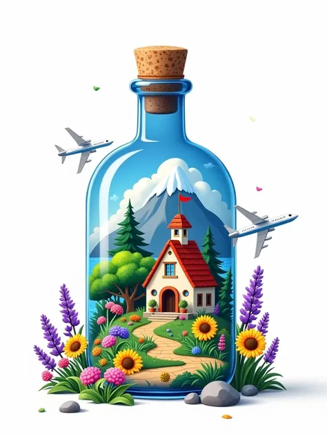 (flat, user interface vector style), (world in a bottle), heavenly colors, colorful fantasy candy house, fairy tale world, spring, seaside, rios, tree house, sunflower field, lavender, mountains, peaks, big trees, (simple illustration), (smooth line art: 1...