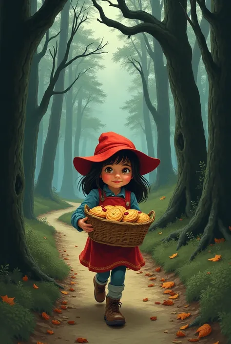  illustration, a girl in a red hat goes to her grandmother with a basket of pies in her hands through a forest full of wolves