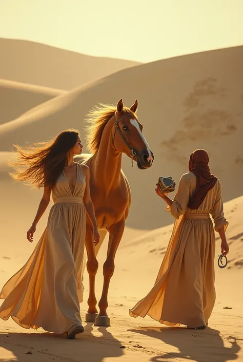 Woman in the desert dressed in a long beige dress , The wind blows her long hair moves she is walking next to a strong horse bigger than her honey color 
who wears the hook with his right hand and in his left hand he has a three-dimensional cube that rotat...