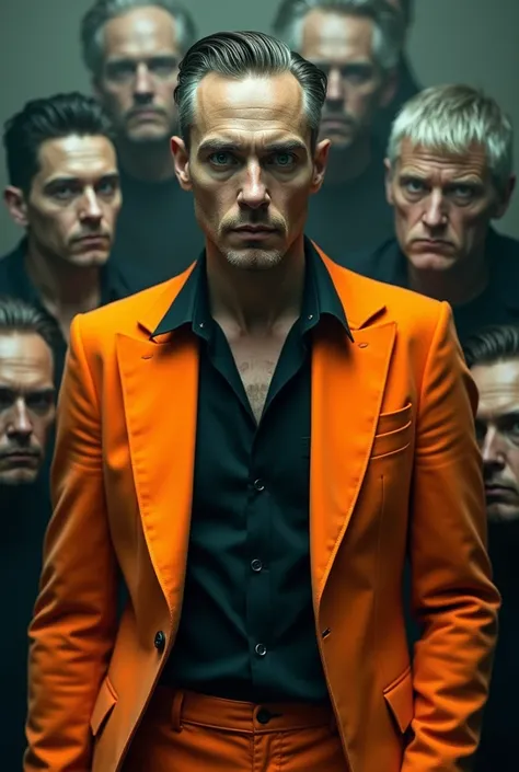 photo of a man wearing a black shirt and orange suit, he has a mysterious expression and eyes looking directly at the viewer, he is surrounded by his own faces but with different features different expressions