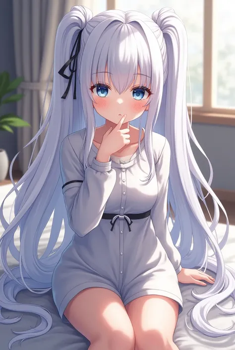 (Best quality,4K,8K,A high resolution,Masterpiece:1.2),Ultra-detailed,Realistic,Photorealistic:1.37,Anime style,Anime girl with long white hair and blue eyes sitting on bed, white haired Cangcang, Girl with white hair, white-haired god, Silver hair (pony t...