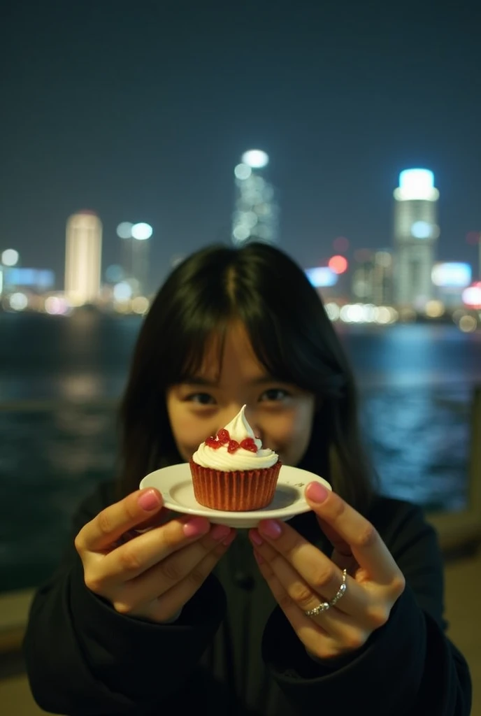 Im showing the dessert, but I cant show my face too much, and I cant reveal my identity, so I blurry the focus. The location of the face is at night outside of a high-rise apartment in Gangnam, and its a view of Han River. It shouldnt be too pictorial; it ...