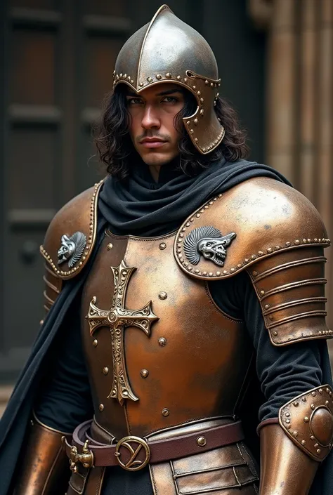 (( Medieval theme ))  Copper armor with encrusted bones, SHIELD, sword on the belt,  Dark brown hair , dark skin,  brown eye , on the armor is a sacred symbol in the form of a cross with a wing, Dark colored cape ,  Silver helmet with a skull visor . from ...