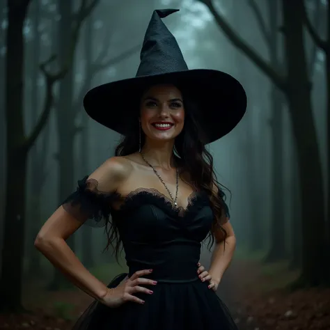 Isabel díaz ayuso in a witch dress with a big witch hat posing with a very dramatic face, showing a light vengance smile as a winner after a witches battle in a dark forest with high contrast light