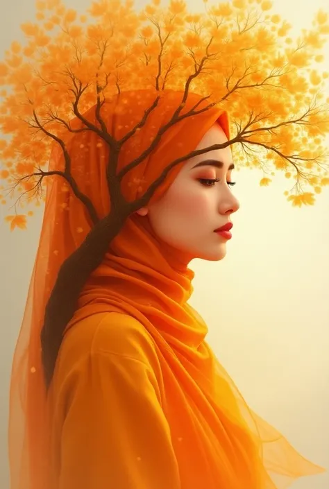 Digital painting of a beauty light orange hijab malay woman and a tree, happy, soft airbrush artwork, stunning lines, airbrush art, dreamy face, transparent glass woman, beautiful line art, digital art, amazing composition, artistic sketch, beautiful compo...