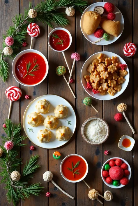 
Polish Christmas Eve dishes and lollypops and candies,  spruce twigs christmas garland with macrame to wood table view from top