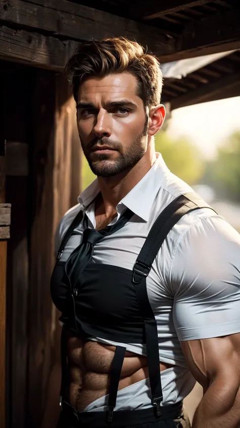 A 30-year-old man from work, gray-white short hair, an open white shirt, revealing pectoral muscles, dense chest hair, suspenders, rolled up sleeves with white metal suspenders. ! Intercom! Wired headphones! Score_8_up, score_7_up, best quality, real photo...