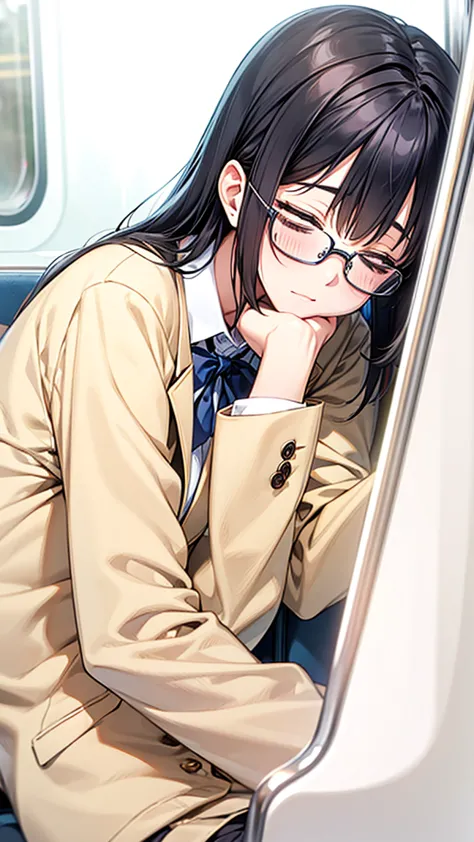 Black hair, glasses, Japanese blazer, high school girl, on train, girl sleeping on train chair