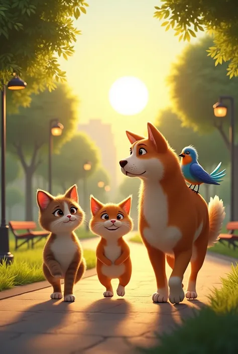  THREE CHARACTERS ARE , A, cat, A PERRO, Y AA AVE.  WALKING THROUGH THE CITY PARK ,  IN THE MORNING THE SUN RISING . THE THREE LITTLE FRIENDS MUST BE TALKING

Now the three friends must be planning something. 

Now the curious dog