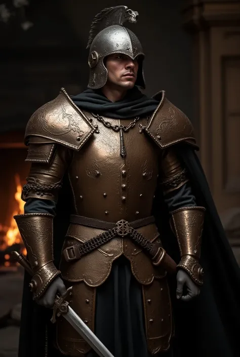 (( Medieval theme ))  Copper armor with Encrusted bones, SHIELD, sword on the belt,  Dark brown hair , dark skin,  brown eye , a chain with a cross and wings , Dark colored cape ,  Silver helmet with a skull visor . from the side. man.  around the neck in ...