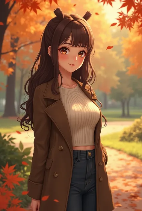  1 girl, solo, bangs, Brown Hair,  cute　Beauty　 nice style 　Big chest　Autumn leaves park　smile　 wearing a coat