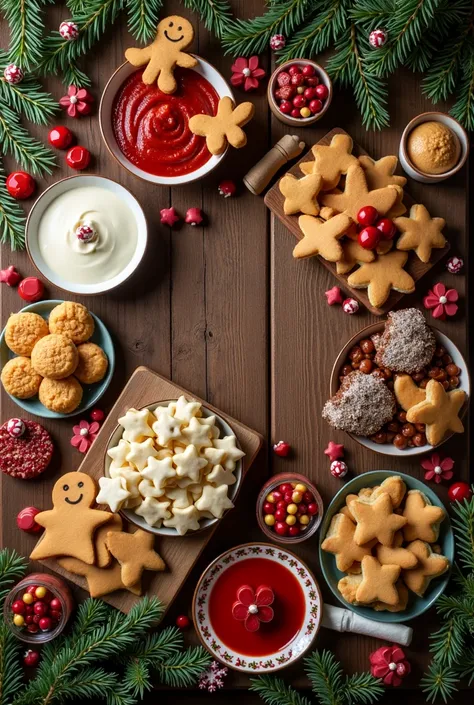 
Polish Christmas Eve dishes and lollypops and candieswith gingerbread cookies,  spruce twigs christmas garland to wood table view from top