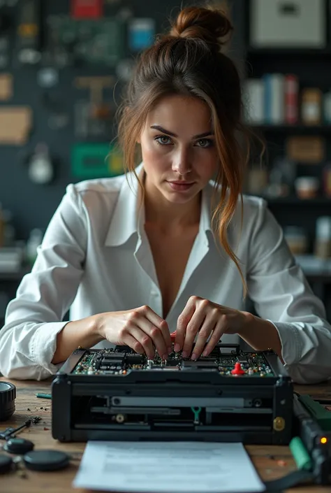 Sexy Girl Engineer Repairs Laser Printer