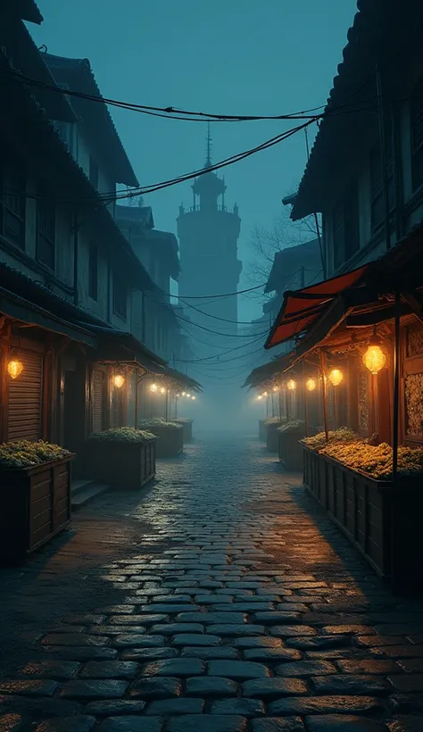 "A deserted marketplace at night, dimly lit by flickering lanterns, with empty stalls and an eerie silence. Shadows stretch across the cobblestone ground, creating an unsettling atmosphere. Ultra-realistic, 8K resolution digital art."
