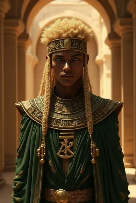 a dark-skinned Egyptian king,blonde curly hair,and green eyes 