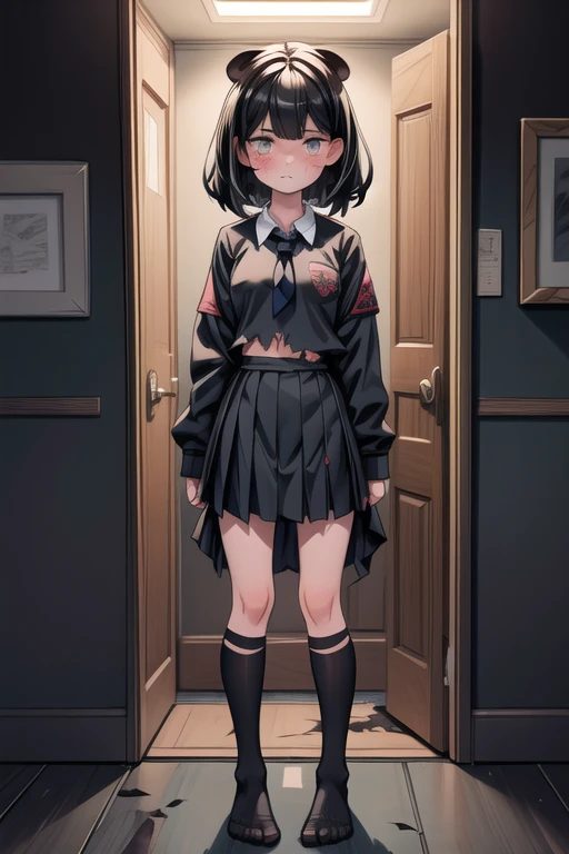 (masterpiece,  best quality ),  1 girl, Alone,  standing in front of a door ,  beautiful face,  black hair, Torn clothes,  torn legwear ,  dark school uniform,   black rhinoceros, Moldy room, [Frightened, is crying, Frightenedた顔,  complex details, Tie your...