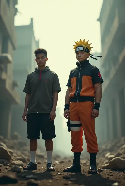  Photo of naruto again standing next to his there is an Indonesian man with a neat short haircut,  with blurred view of destroyed konoha village , Liarlitis bright light 