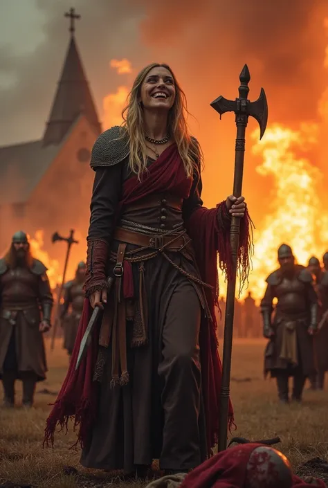 A blood-smeared Viking women with an axe in one hand and the severed head of a monk in the other hand stands laughing in front of a burning church with a fallen cross, in the background Vikings looting