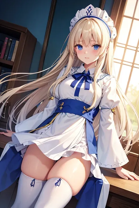 Priestess,  blond hair,  blue eyes, Long Hair,  I can see book hair , COWBOY SHOOTING ,( white panties , panchira ),(ラクダのつま先:1.3),(, embarrassed ),
 boots,  dress, Ruffle sleeves, frills,  have , White headdress,  pelvic curtains to wear legs,  high heels,...